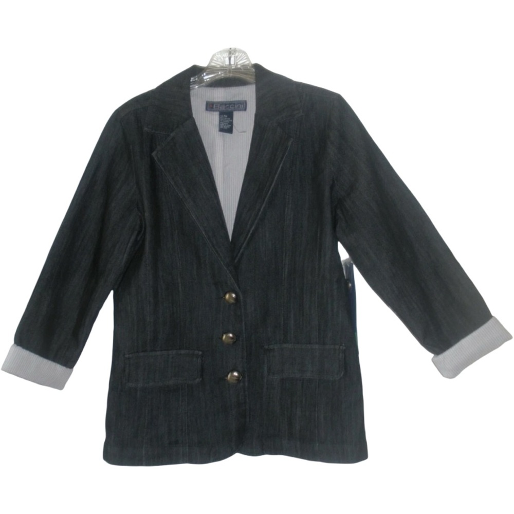 New Baccini Womens Black Denim Blazer Charcoal Jacket  Medium Petite 3/4 Sleeve